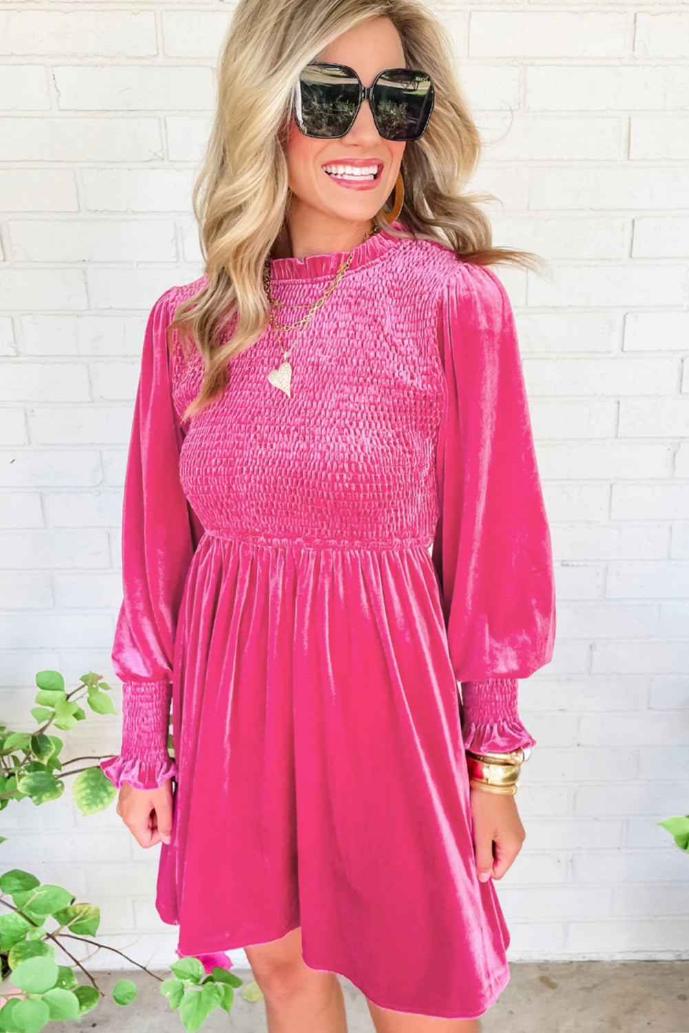 Smocked Lantern Sleeve Frilled Velvet Dress