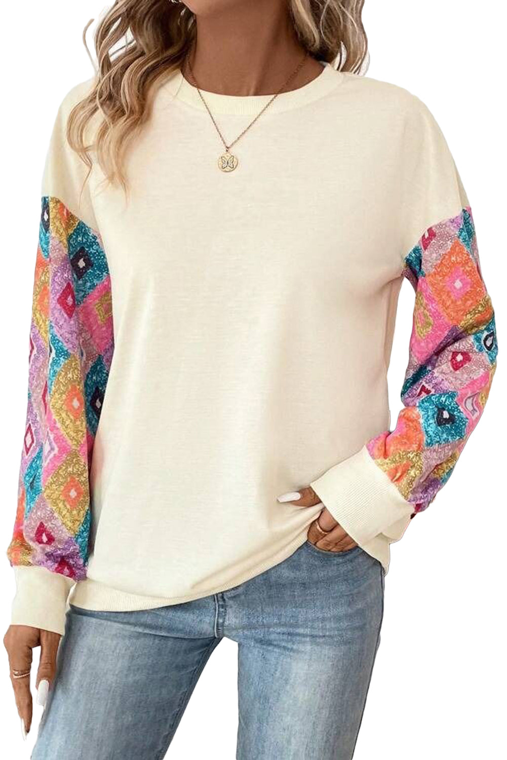 Apricot Ethnic Geometric Patchwork Long Sleeve Round Neck Top