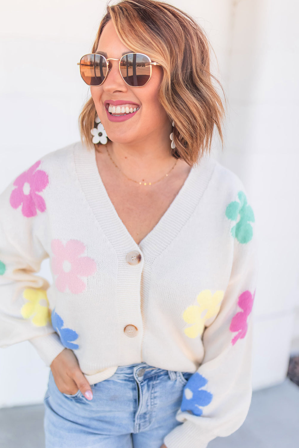 Beige Cute Flower V Neck Buttoned Plus Size Cardigan