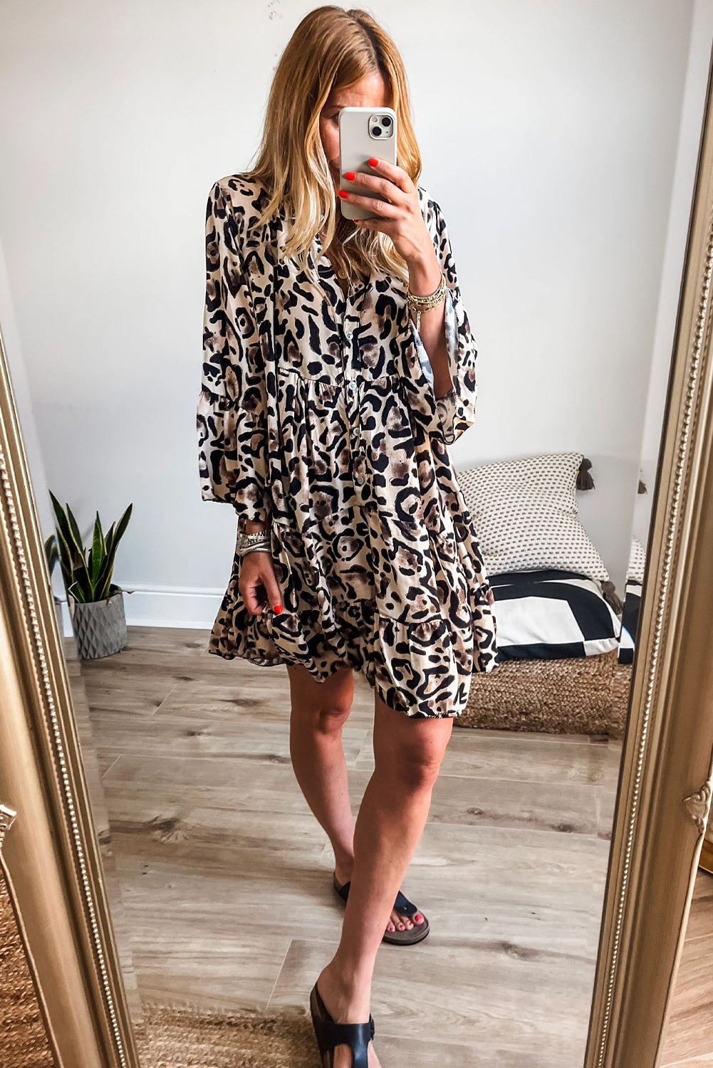 Leopard Button V Neck Flowy Mini Dress