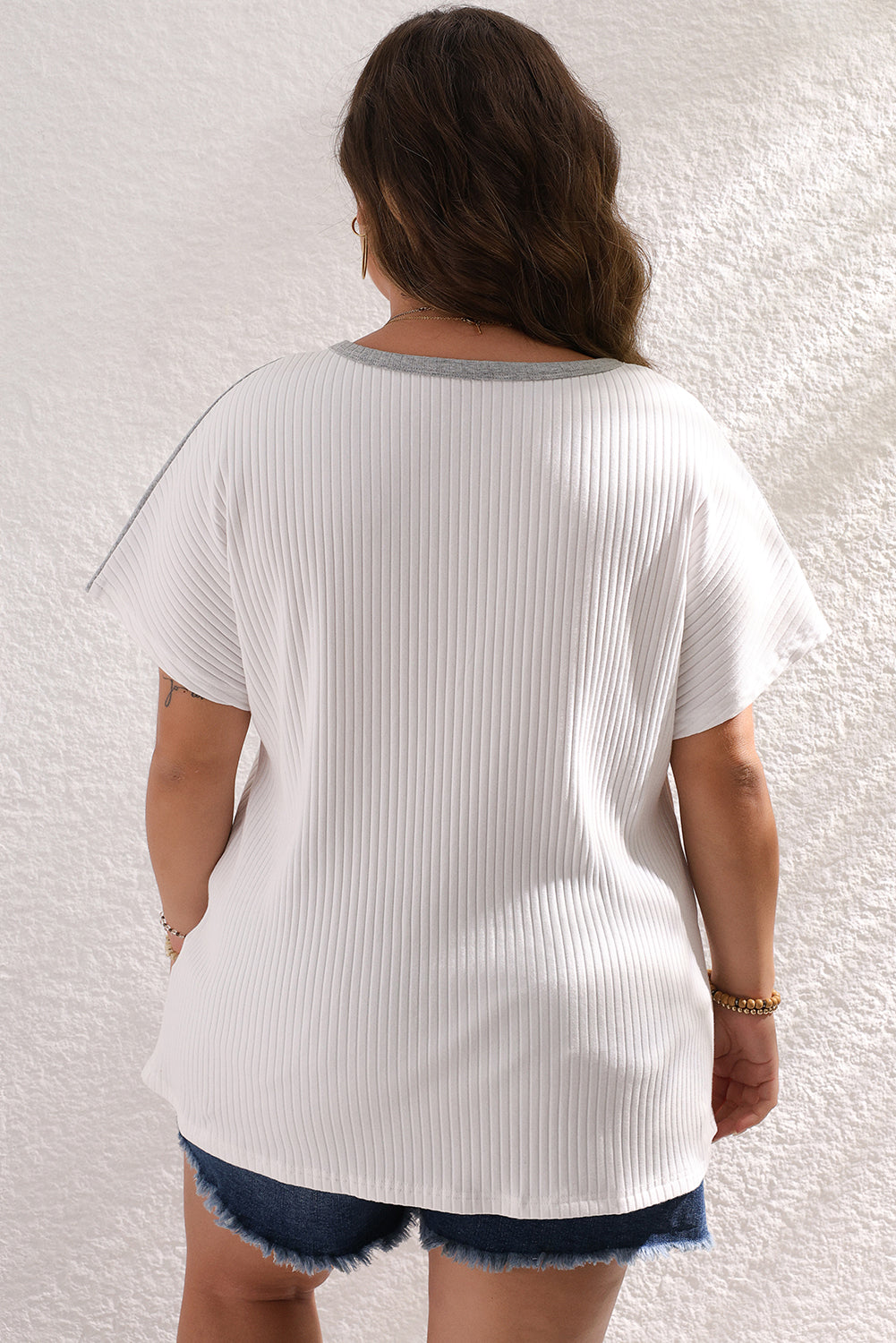 White Ribbed Color Block Patchwork Plus T Shirt