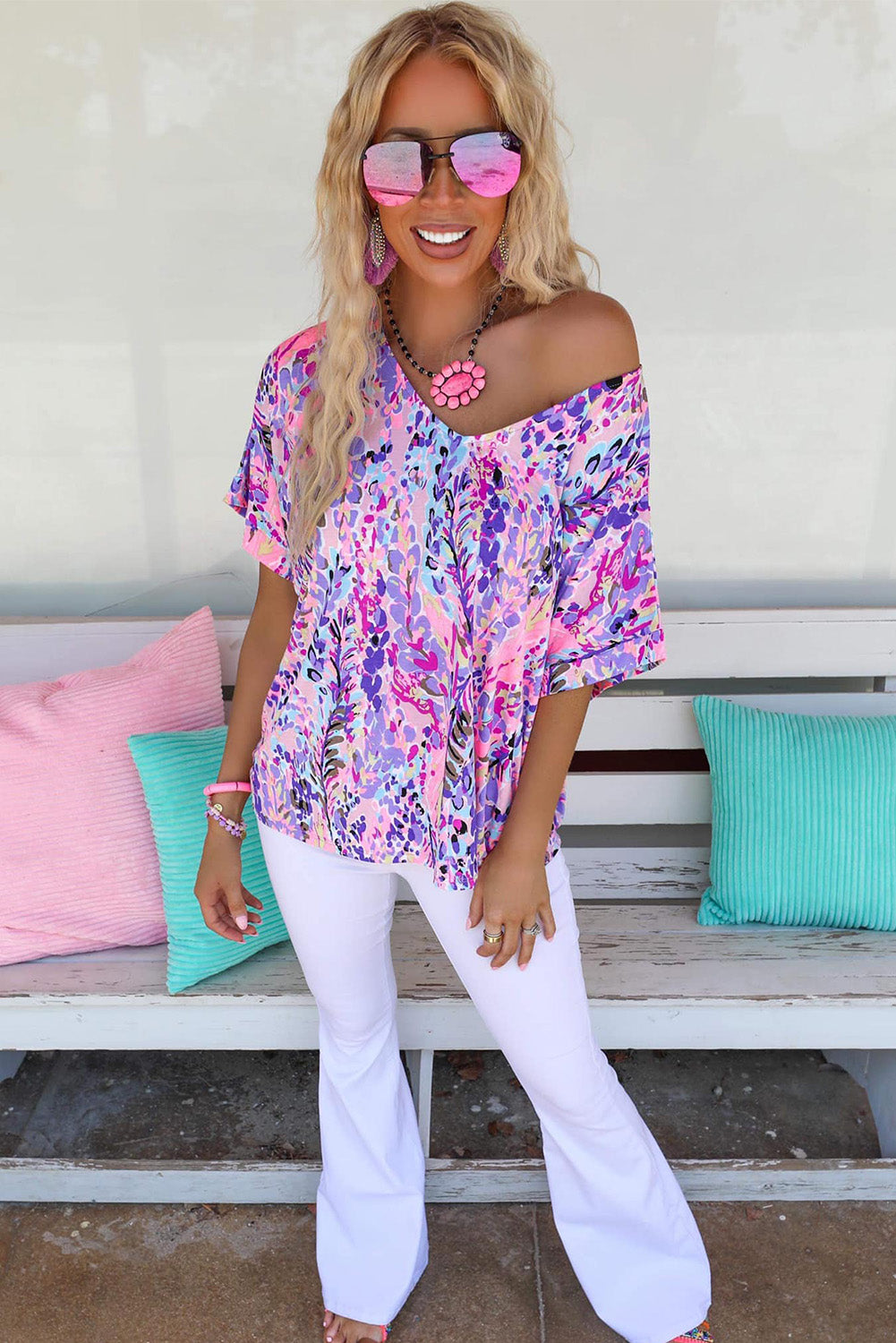 Boho Abstract Floral Print V Neck T Shirt