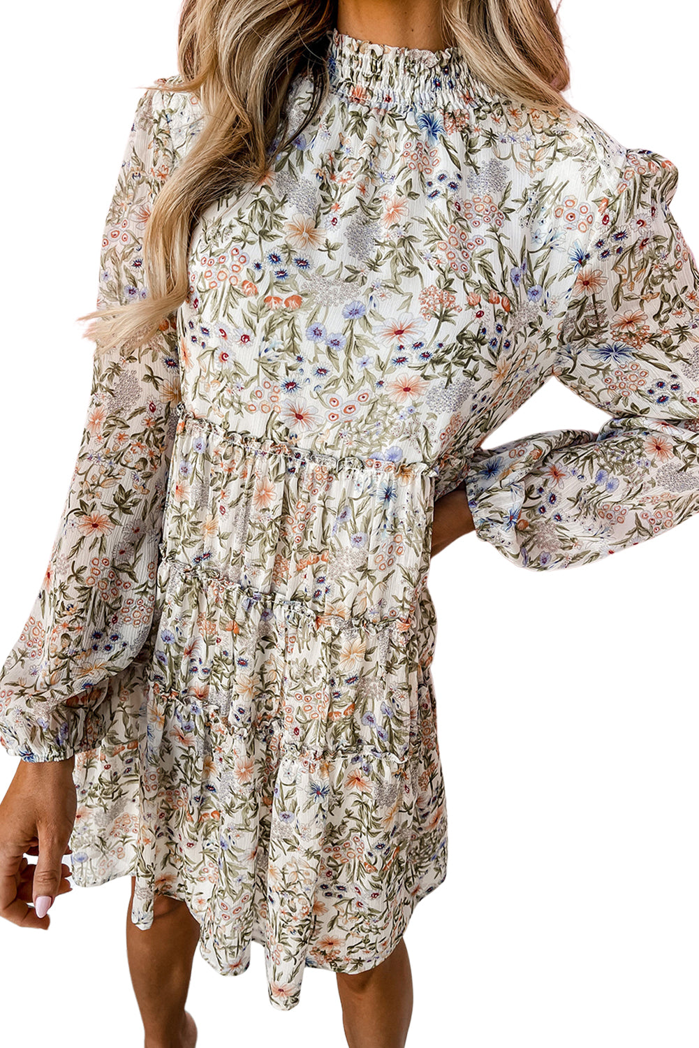 Green Floral Print Tiered Frilled Shirred Mock Neck Mini Dress