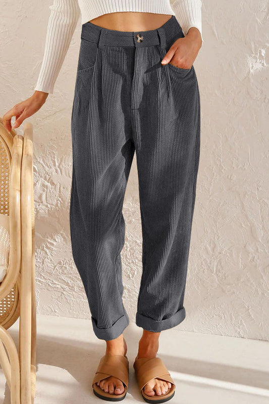 Grey Corduroy High Waisted Wide Leg Pants