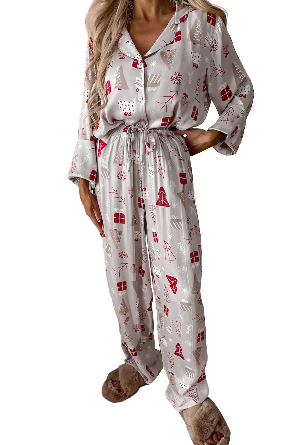 White Christmas Deer Printed Shirt and Pants Pajama Set