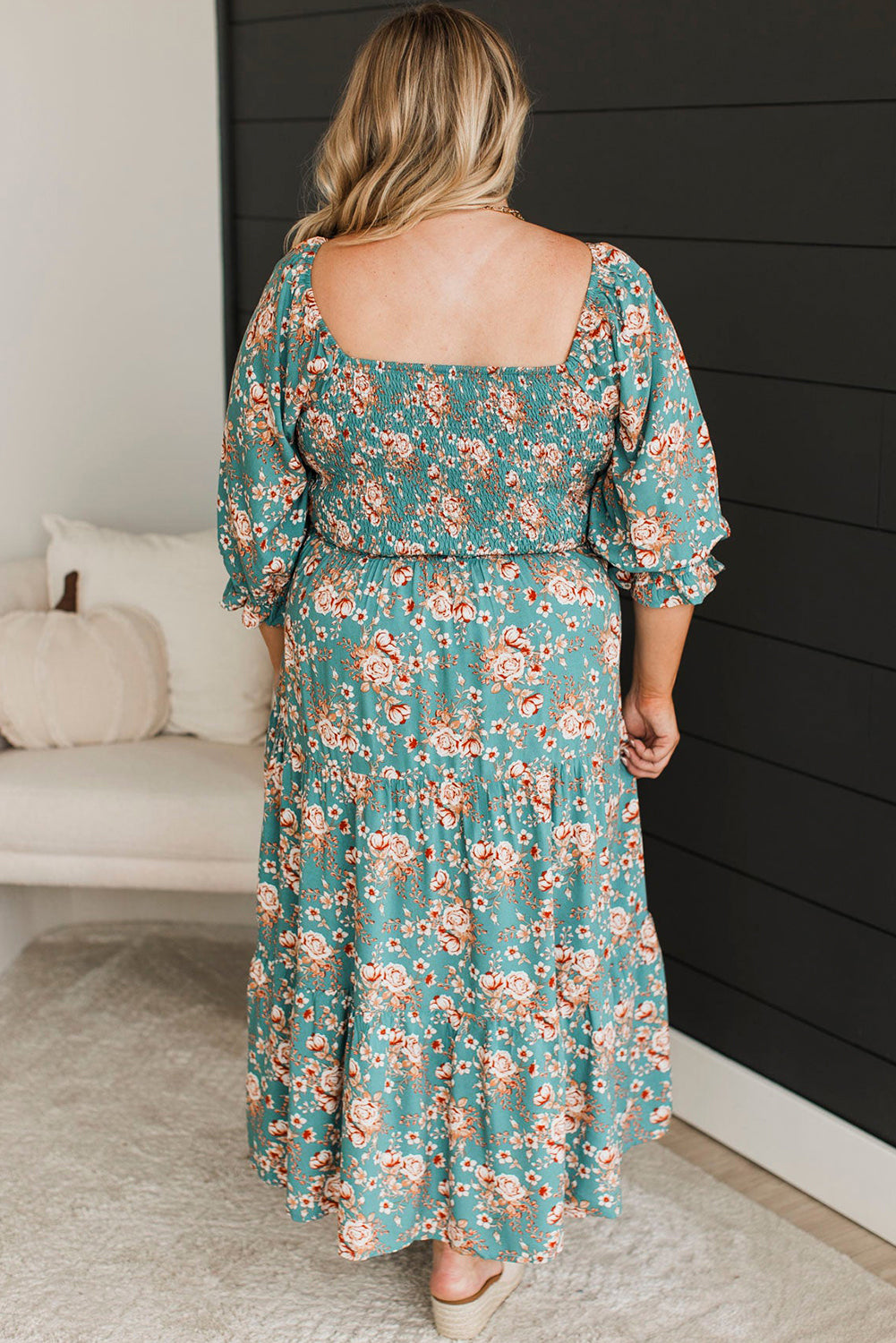 Green Plus Size Floral Print Smocked Tiered Maxi Dress