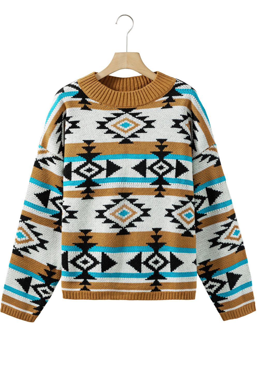 Brown Geometric Striped Knit Ribbed Trim Sweater