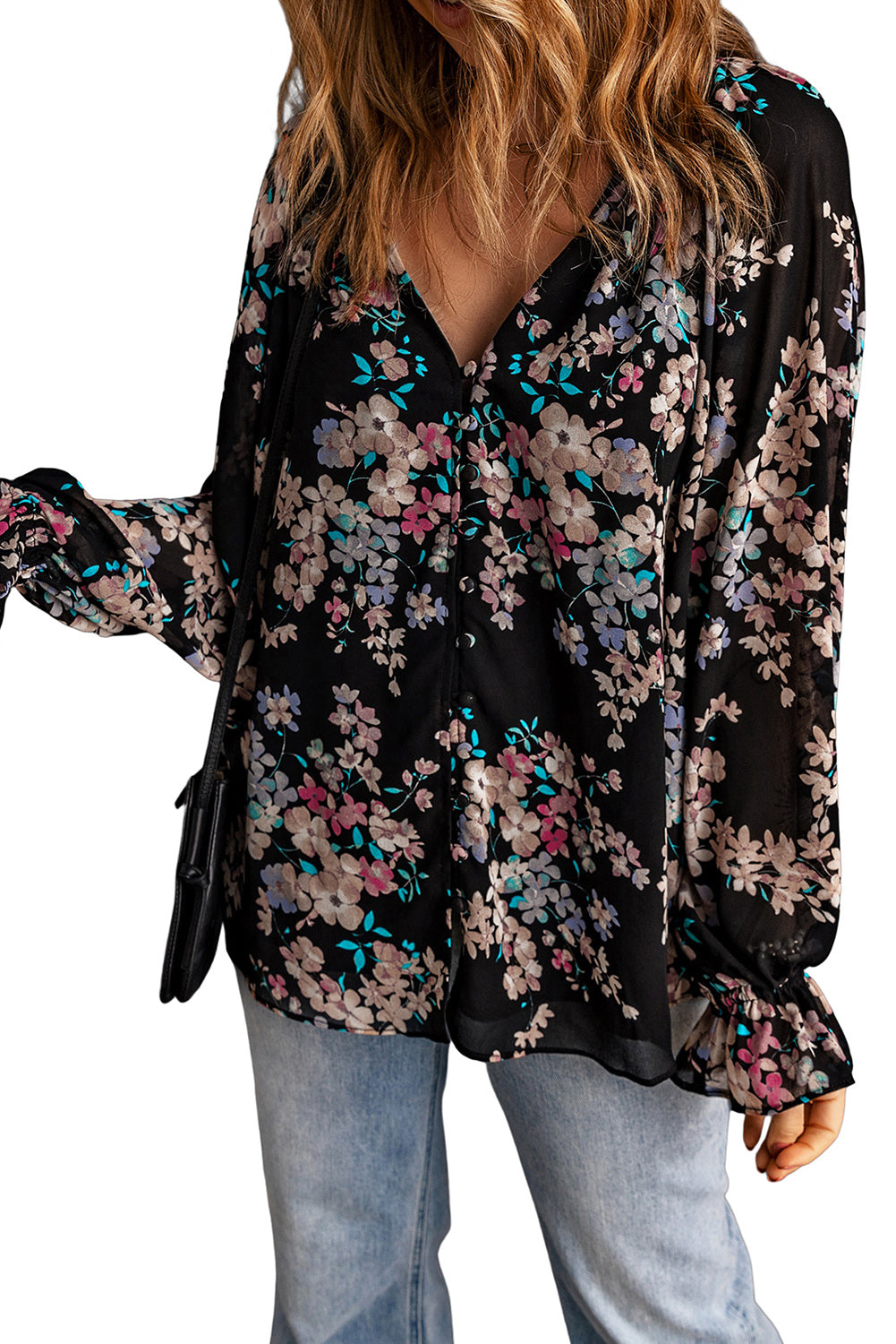 Black Floral Boho Chiffon Peasant Sleeve Blouse