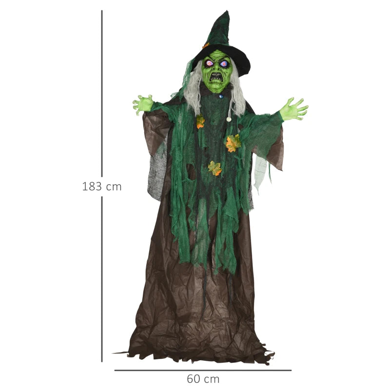 6ft Halloween Witch Decoration - Activated Prop with Light Up Eyes Magical Heart, Sound Activated