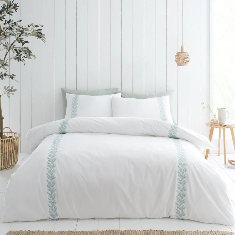 Embroidery Leaf Cotton White & Green Duvet Cover Set by Bianca