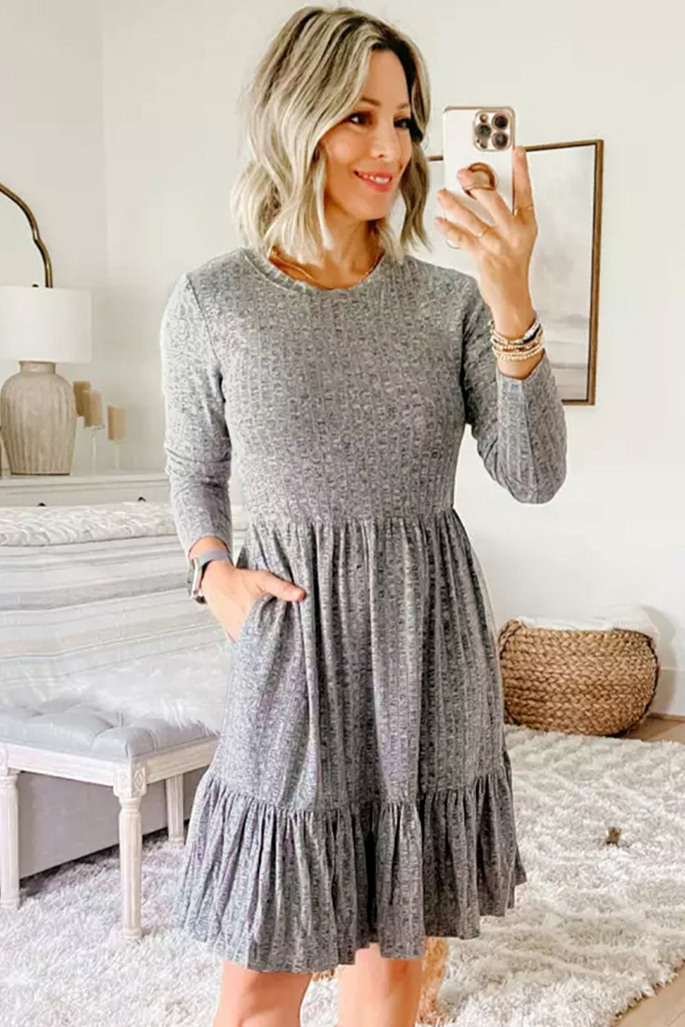 Gray Pocket Ribbed Pleated Ruffle Hem Mini Dress