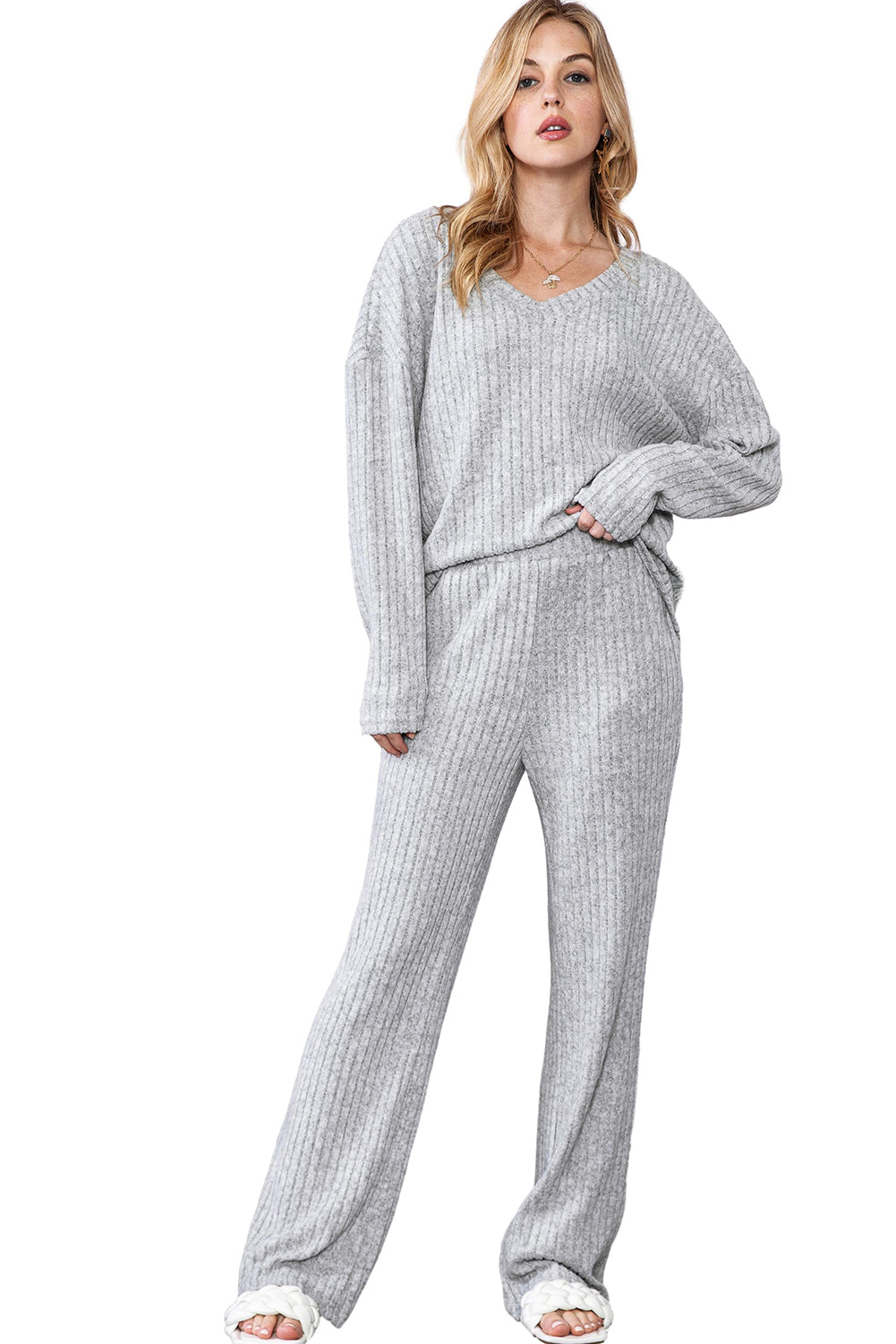 Slouchy Ribbed Knit V Neck Top & Pants Loungewear Set