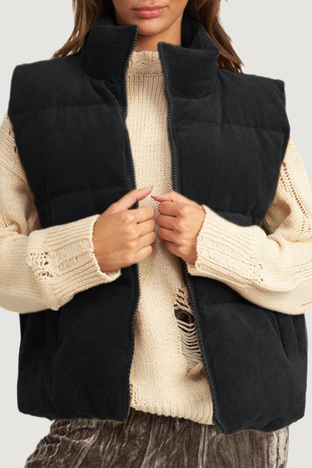 Black Solid Colour Corduroy Puffer Vest Coat