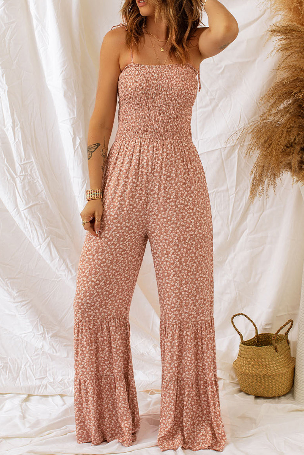 Floral Print Spaghetti Straps Smocked Wide Leg Jumpsuit