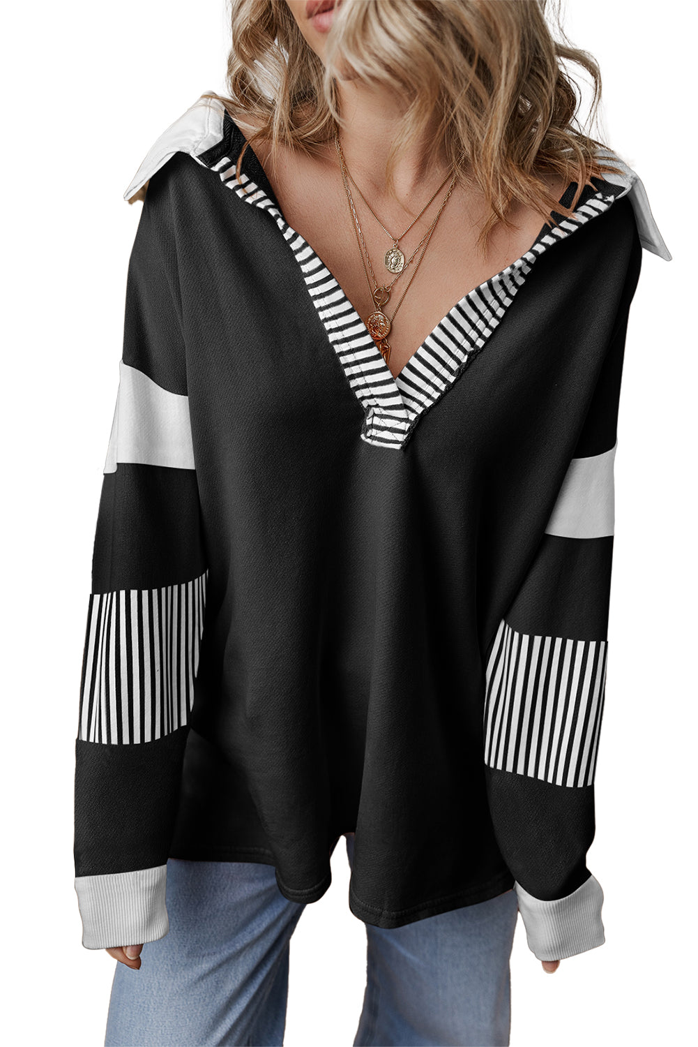 Striped Patchwork Collar Sweatshirt