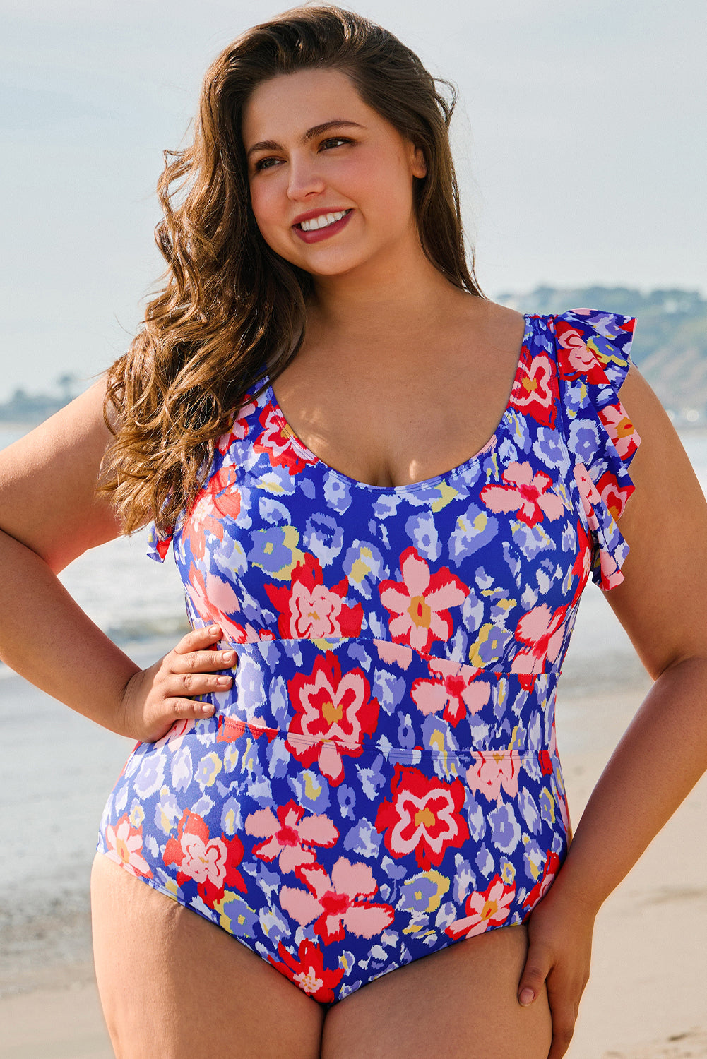 Blue Floral Print Ruffled V Neck High Waist One Piece Plus Size Swimsuit