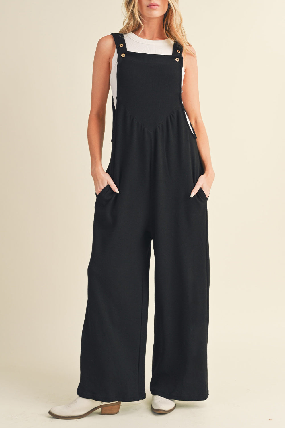 Buttoned Straps Ruched Wide Leg Jumpsuit