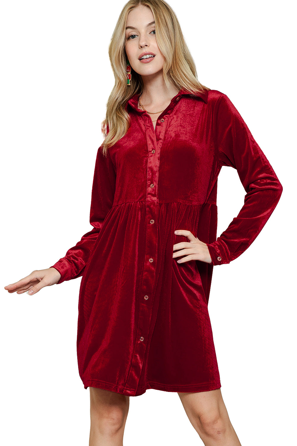 Long Sleeve Ruffle Velvet Button Up Shirt Dress