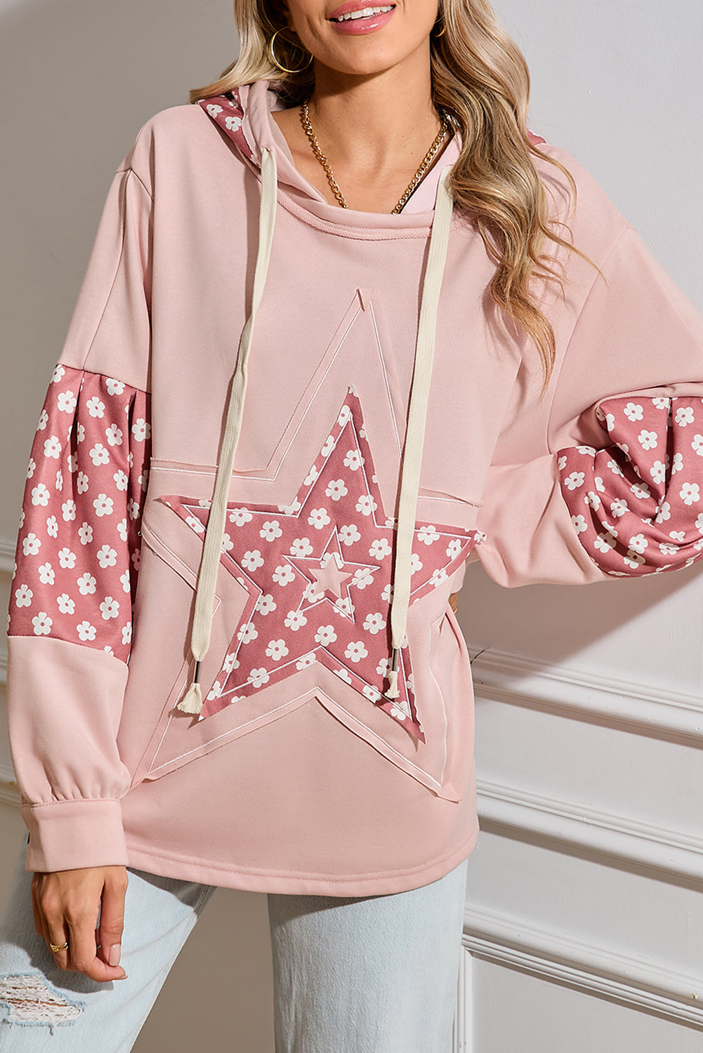 Floral Patchwork Star Pattern Drawstring Hoodie