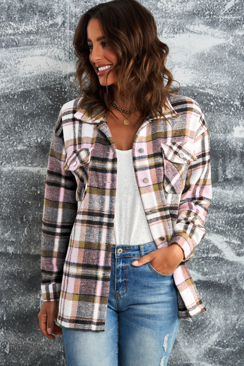 Multicolour Plaid Casual Button Up Flannel Shacket