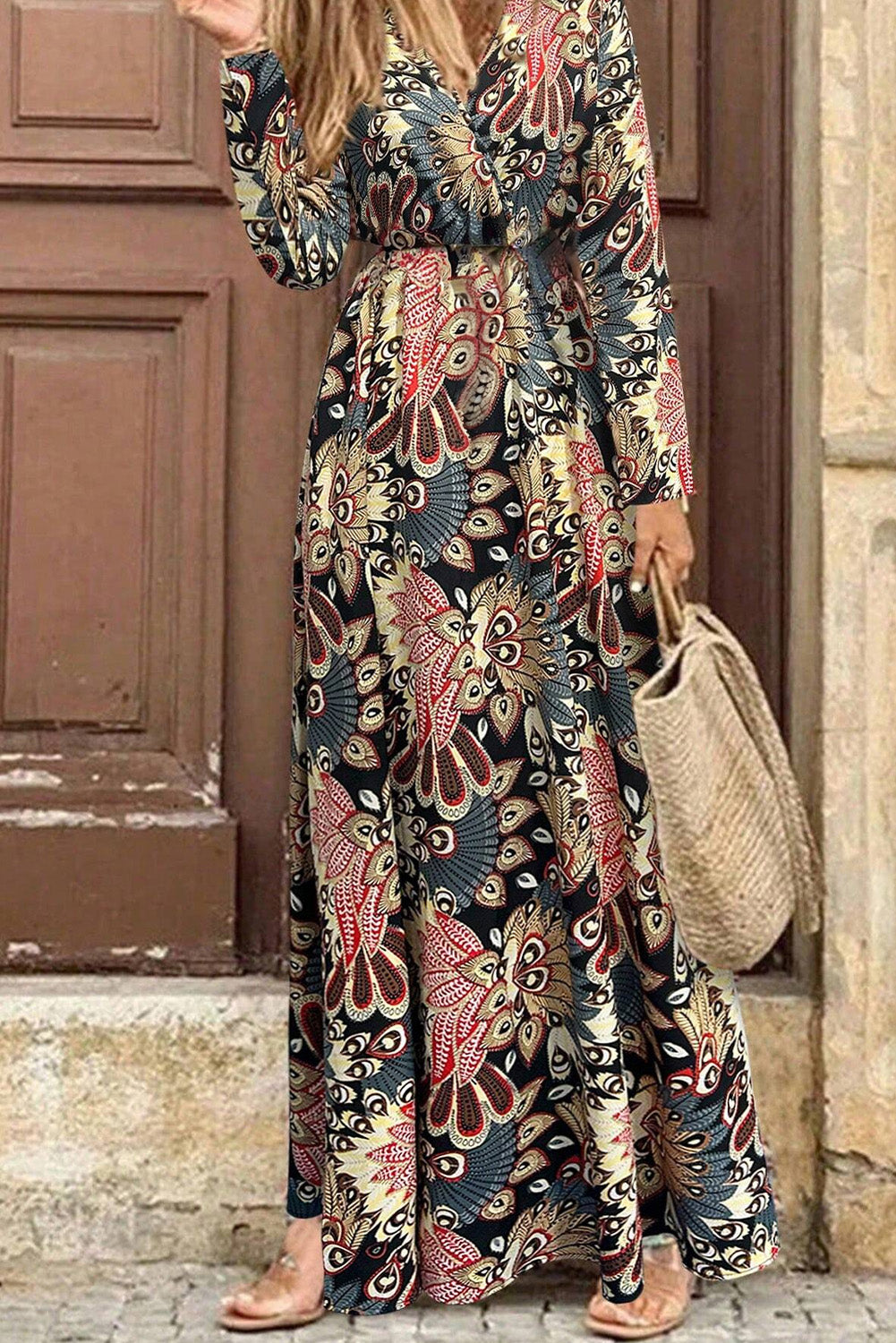 Black Floral Print V Neck Wrap High Waist Maxi Dress