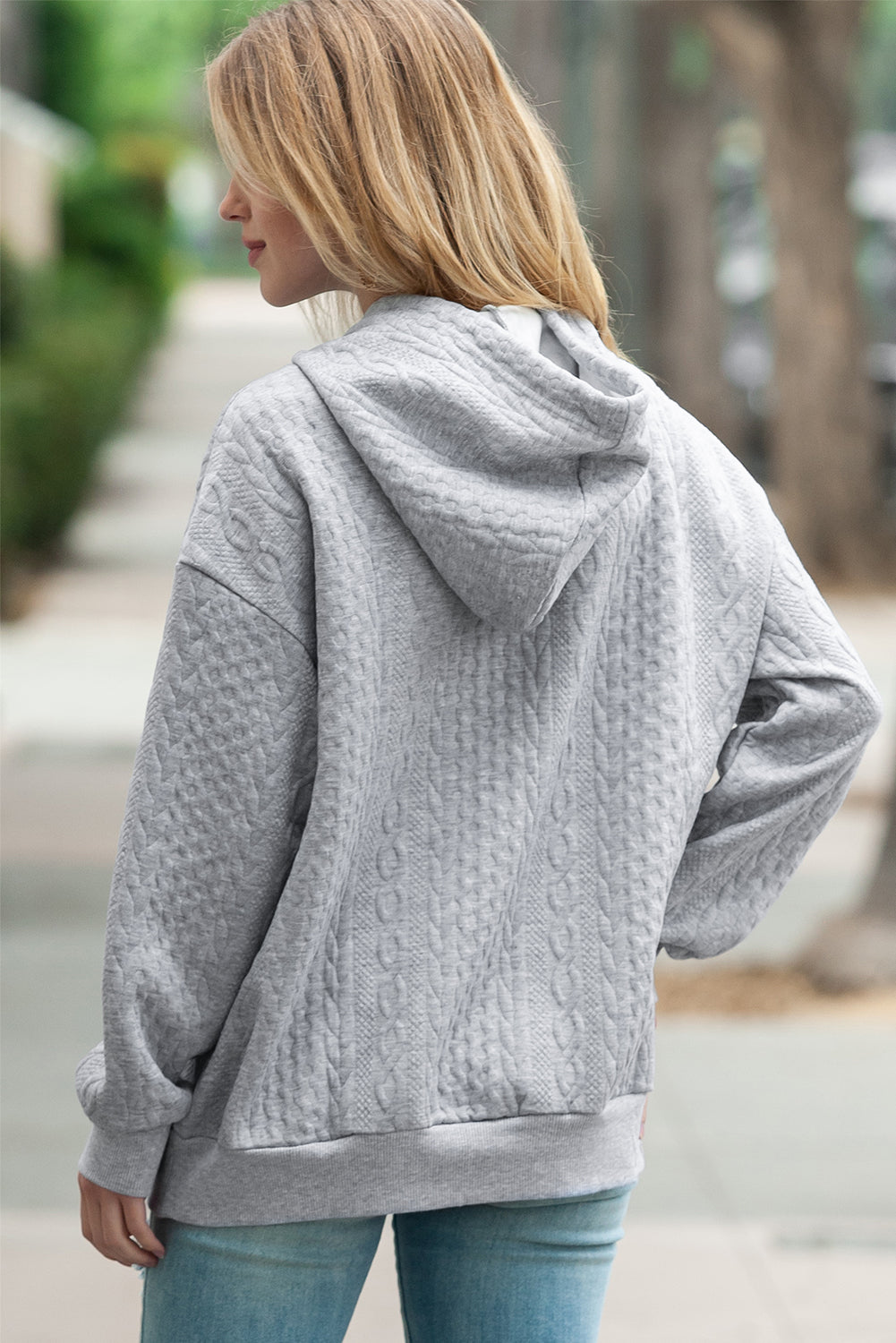 Grey Cable Textured Casual Drawstring Hoodie