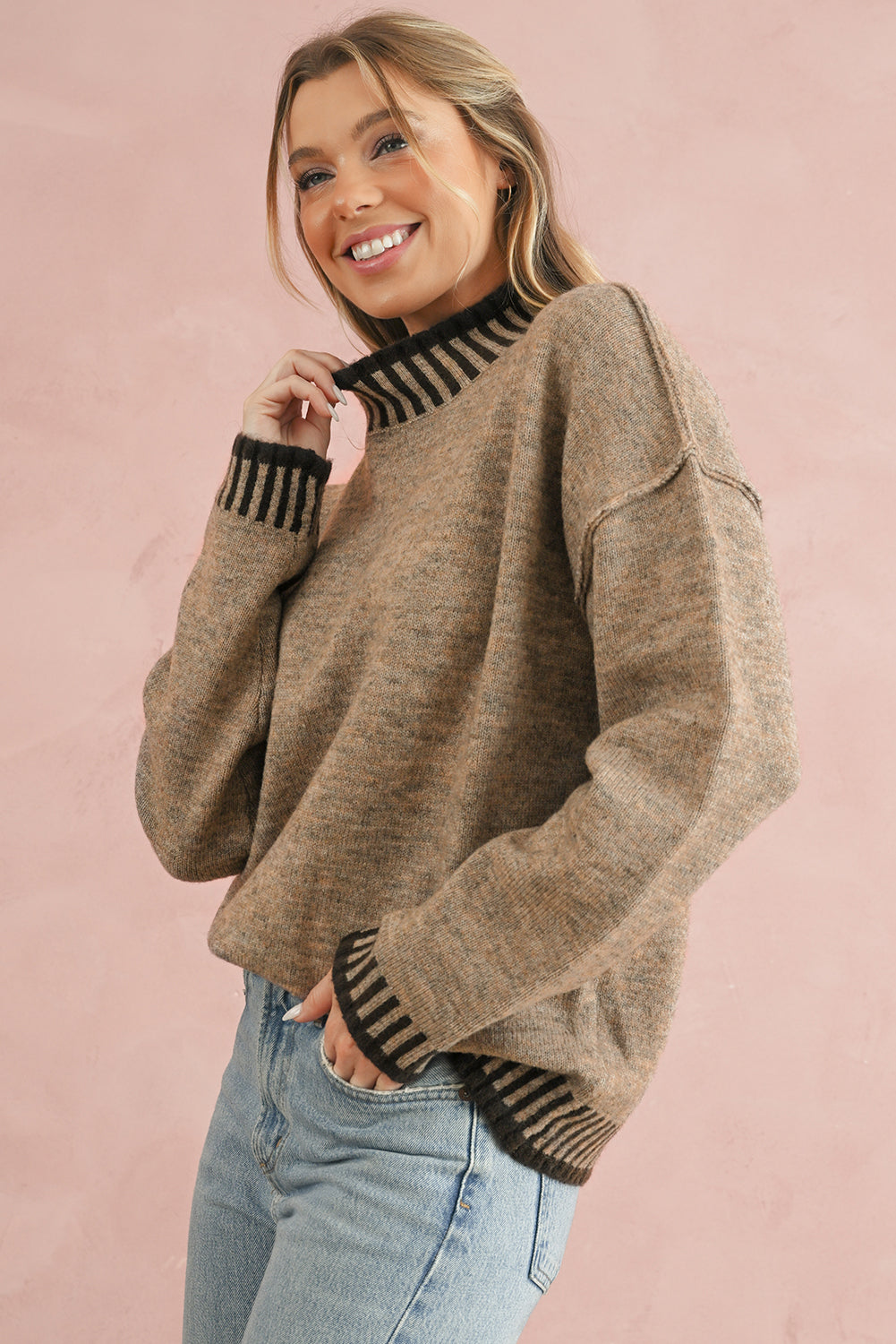 Pale Khaki Contrast Trim Mock Neck Drop Shoulder Sweater