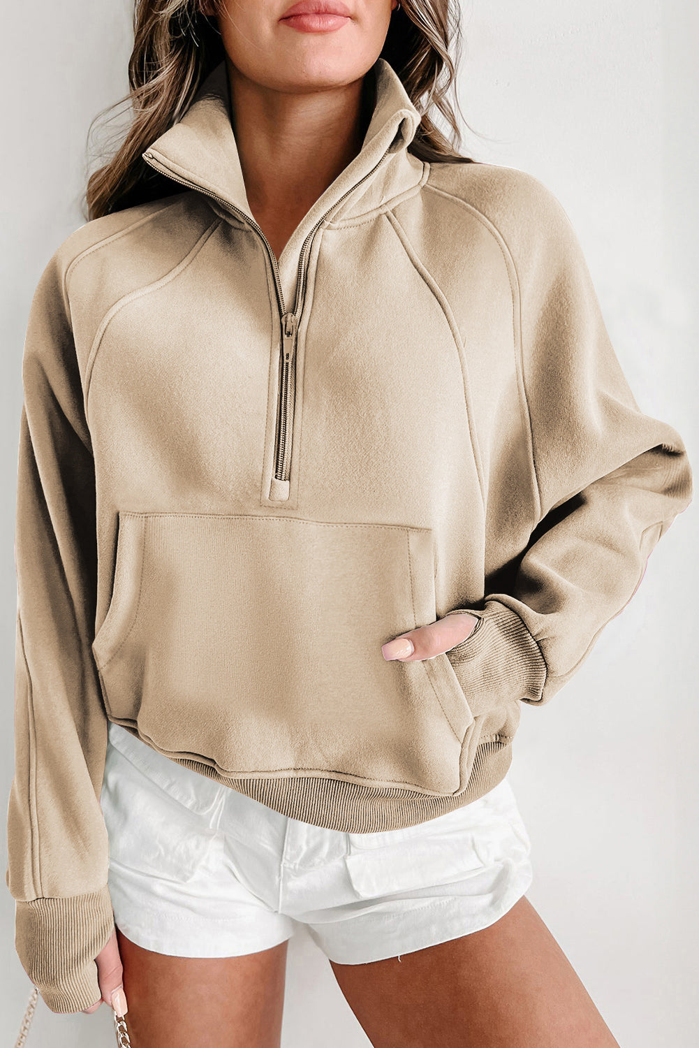 Zip Up Stand Collar Ribbed Thumbhole Sleeve Sweatshirt - 12 Colours Available