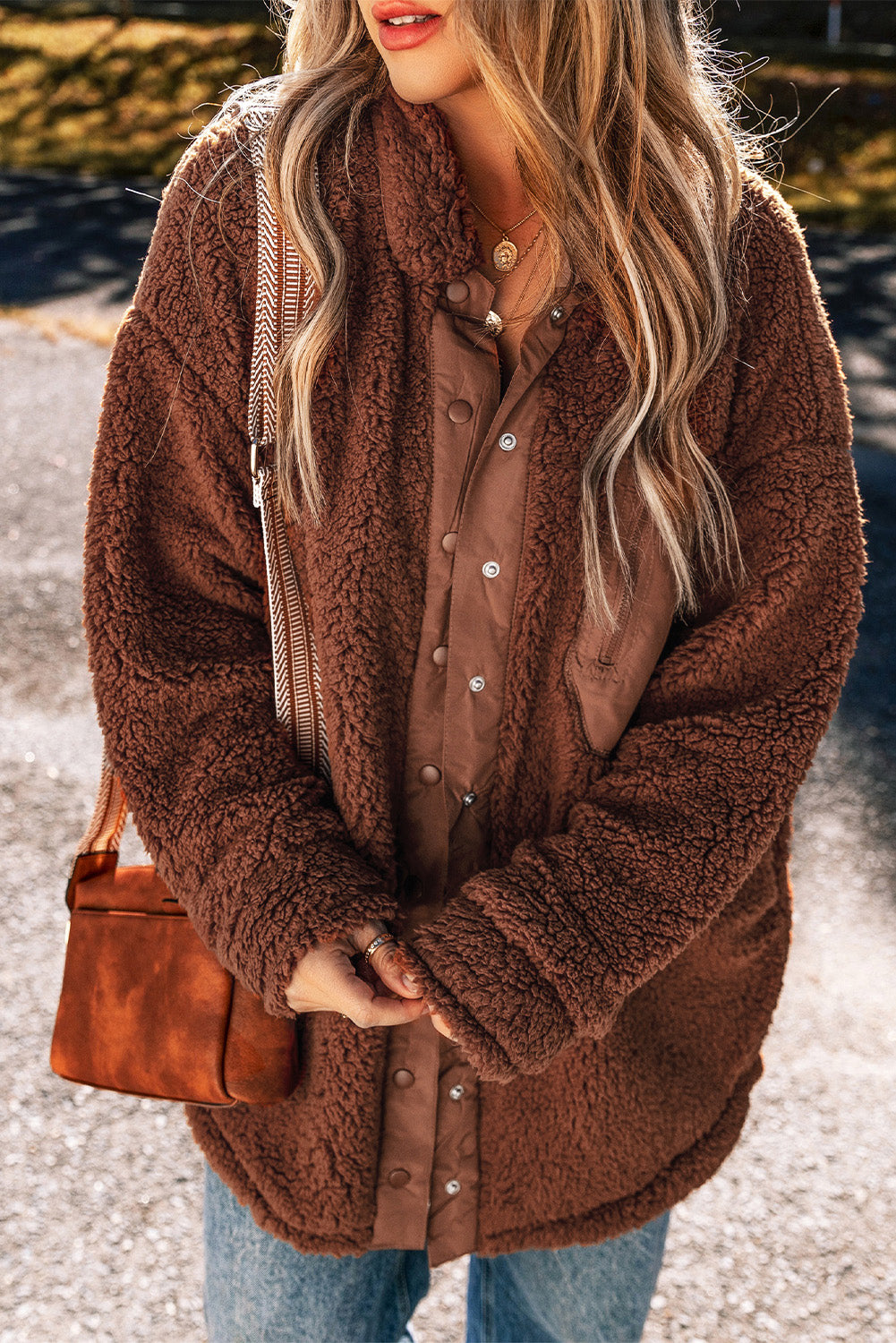 Red Clay Faux Shearling Button Up Jacket