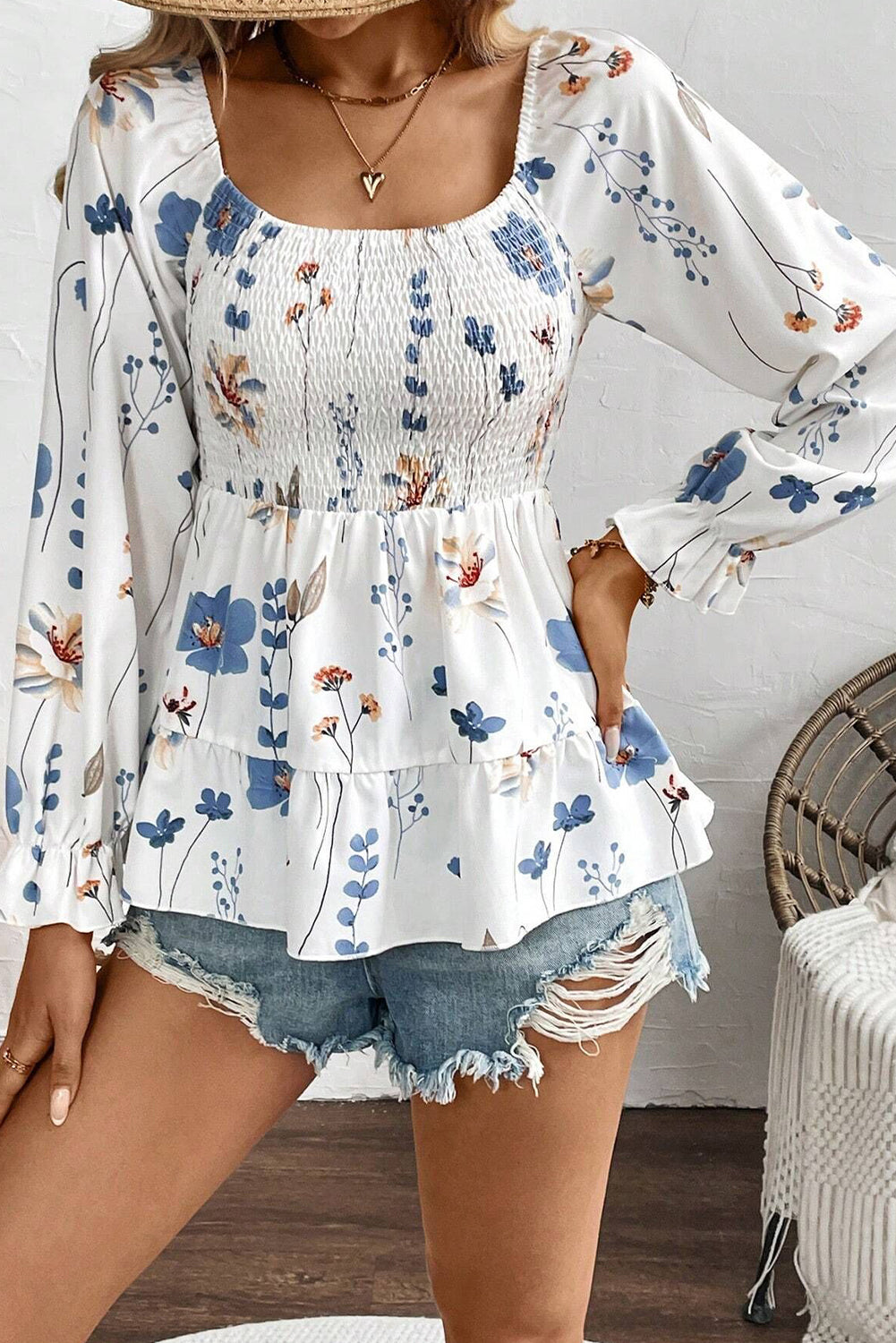 White Floral Shirred Square Neck Long Sleeve Shirt