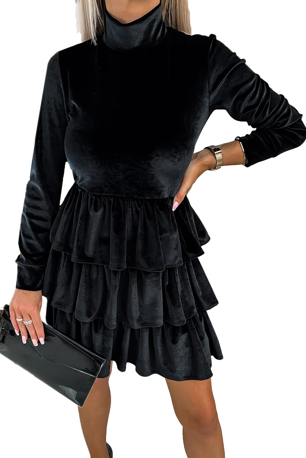 Velvet High Neck Tiered Ruffle Mini Dress