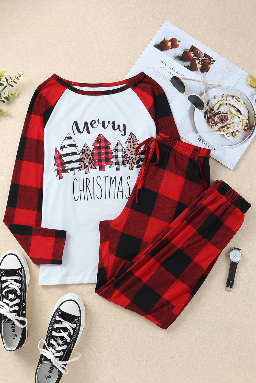 Red Plaid Merry Christmas Casual Top & Pants Loungewear Set