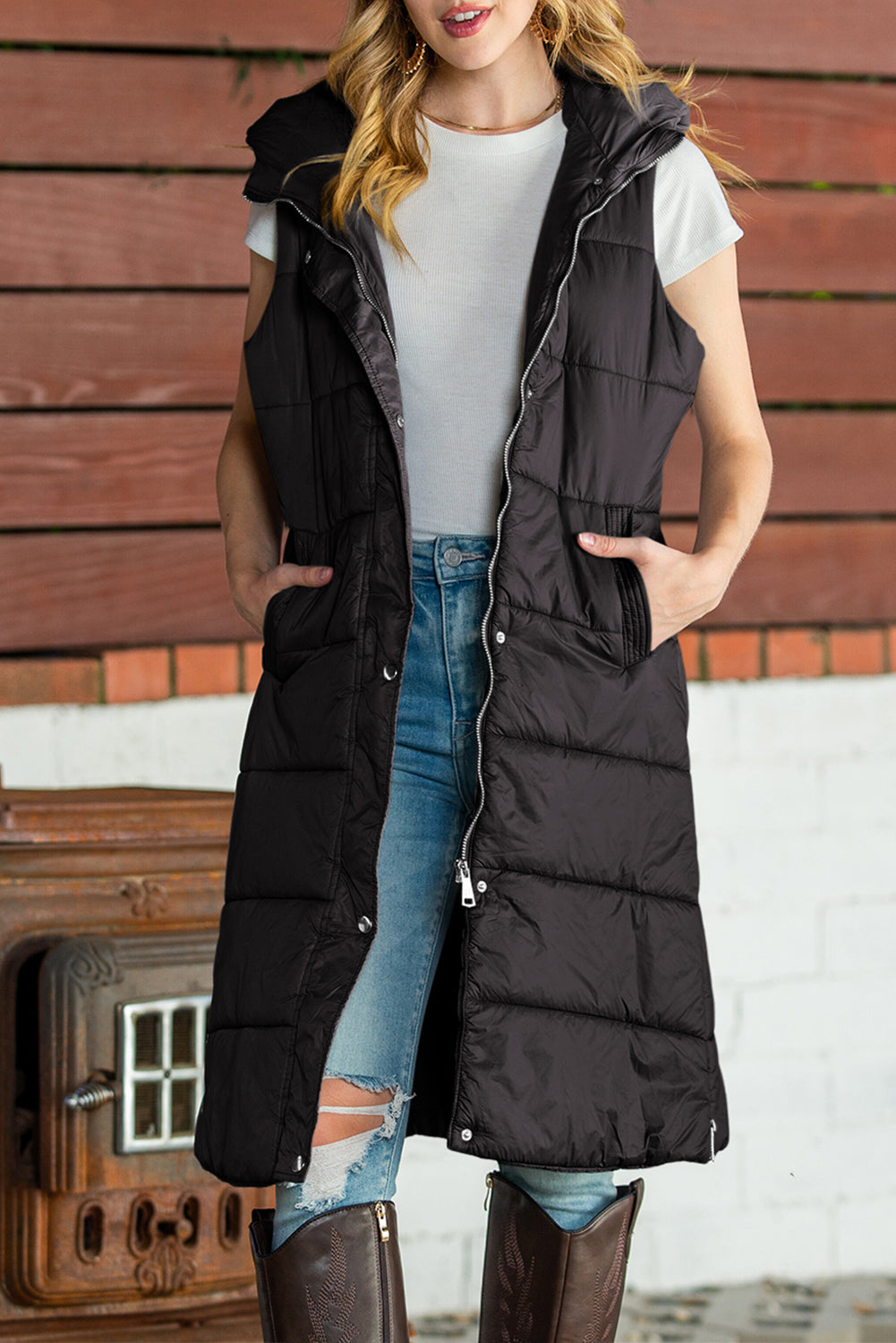 Hooded Pocketed Quilted Long Vest Coat