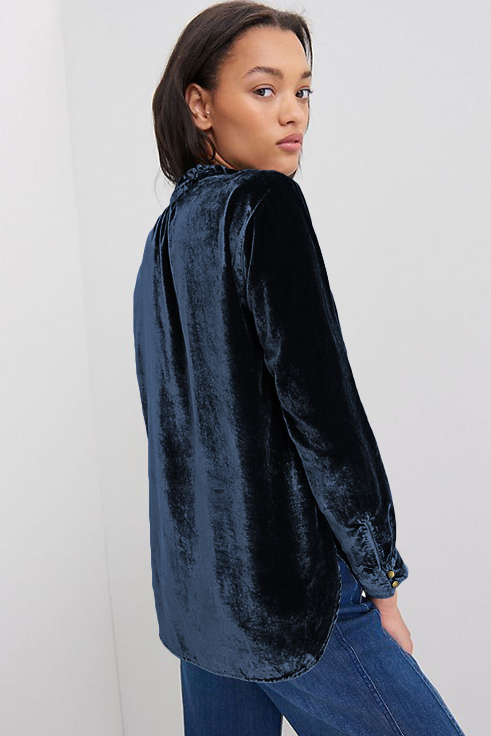 Frilled Buttoned V Neck Velvet Blouse