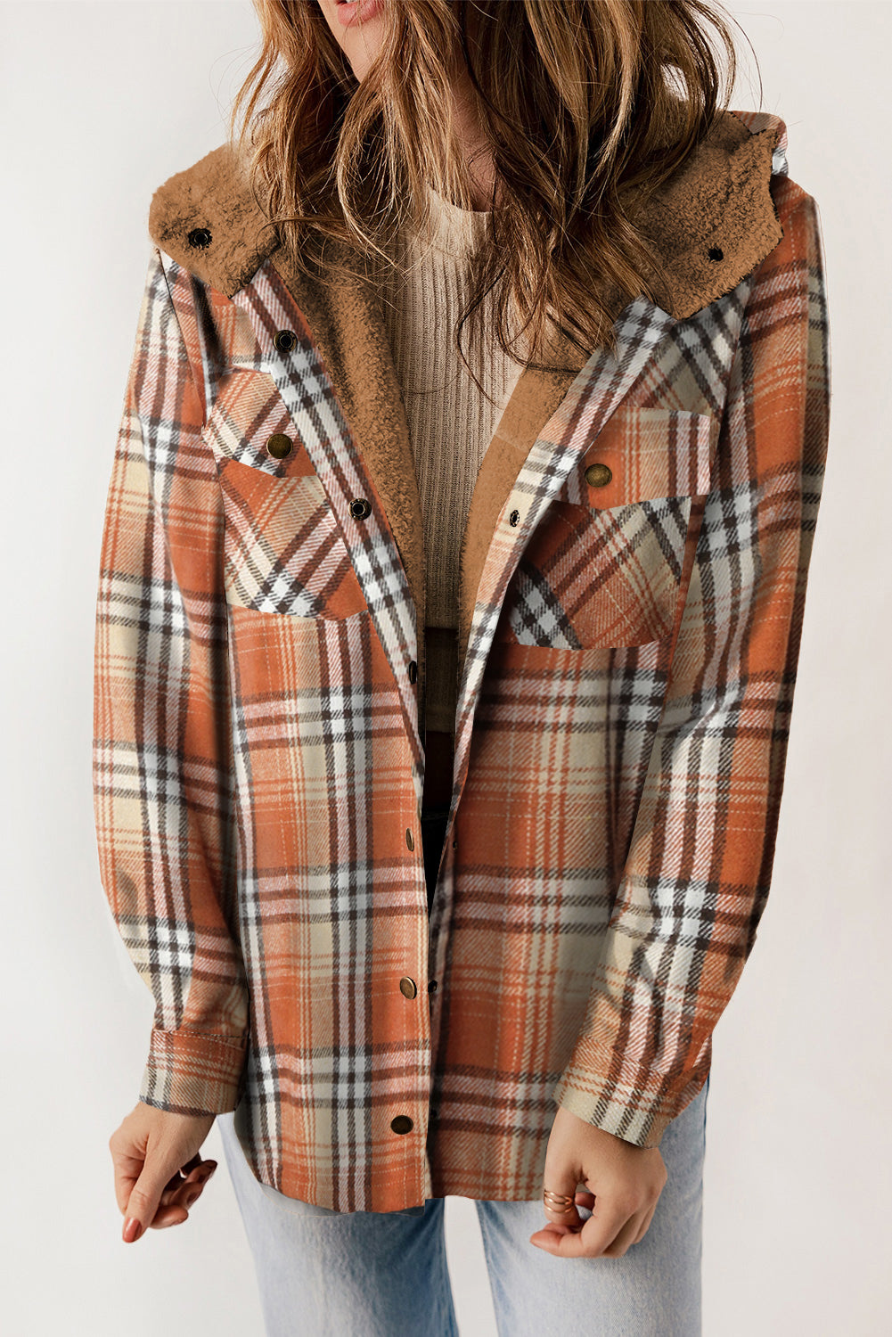 Button Sherpa Lined Hooded Flannel Jacket