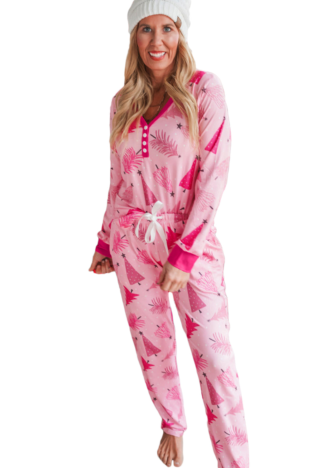 Pink Christmas Tree Print V Neck Buttoned Pullover and Pants Pyjama Set