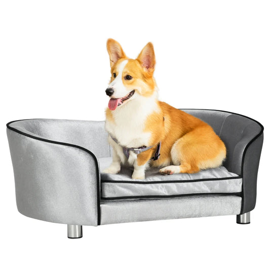 Dog Sofa Pet Chair,Bed Couch w/ Wooden Frame, Removable Cushion - Silver-Tone and Grey