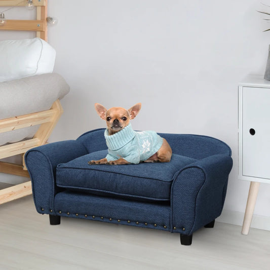 Dog Sofa for Small Dogs, Pet Chair Couch with Thick Sponge Padded Cushion, Kitten Lounge Bed with Washable Cover, Wooden Frame - Blue