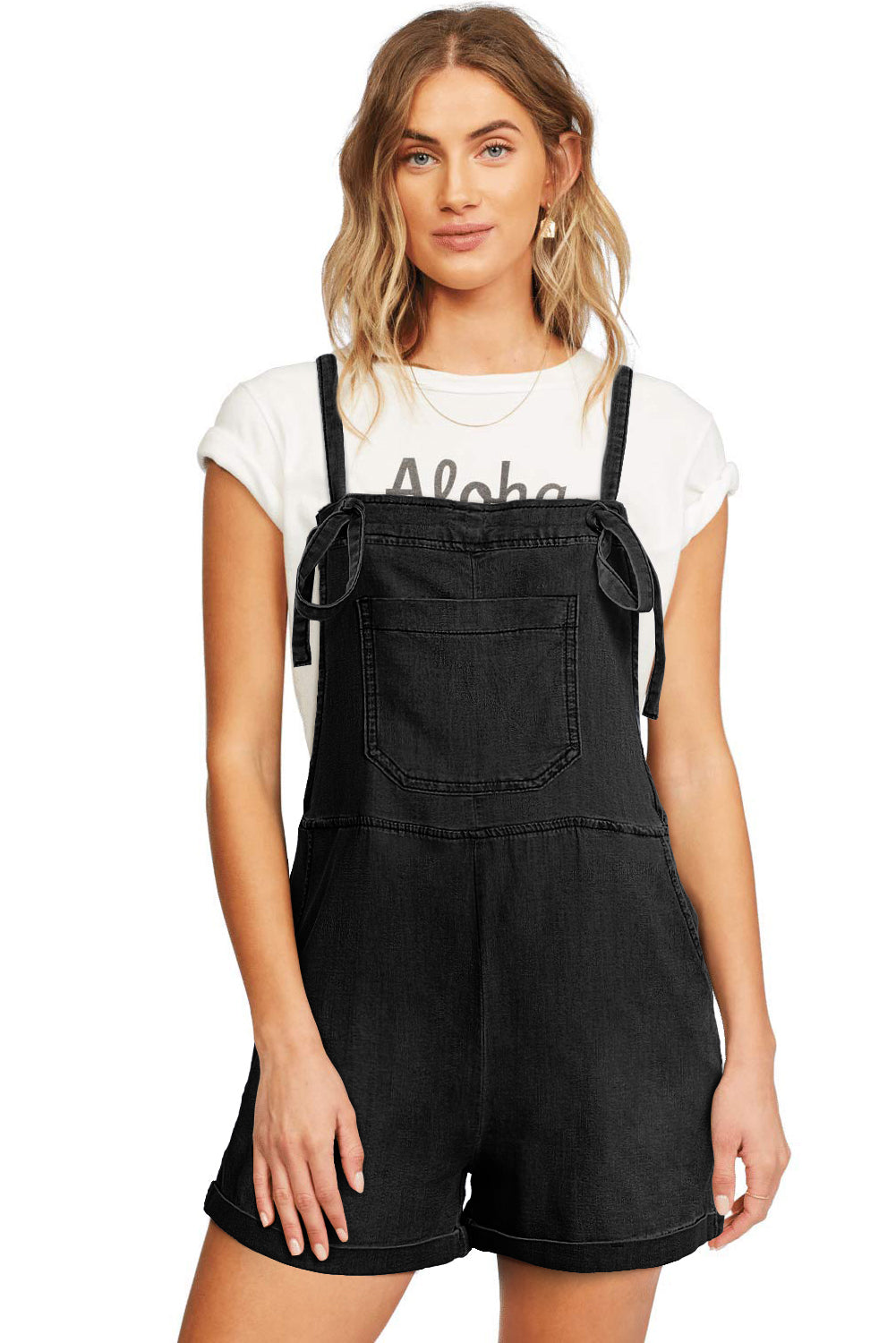 Adjustable Knotted Straps Pocketed Denim Overalls