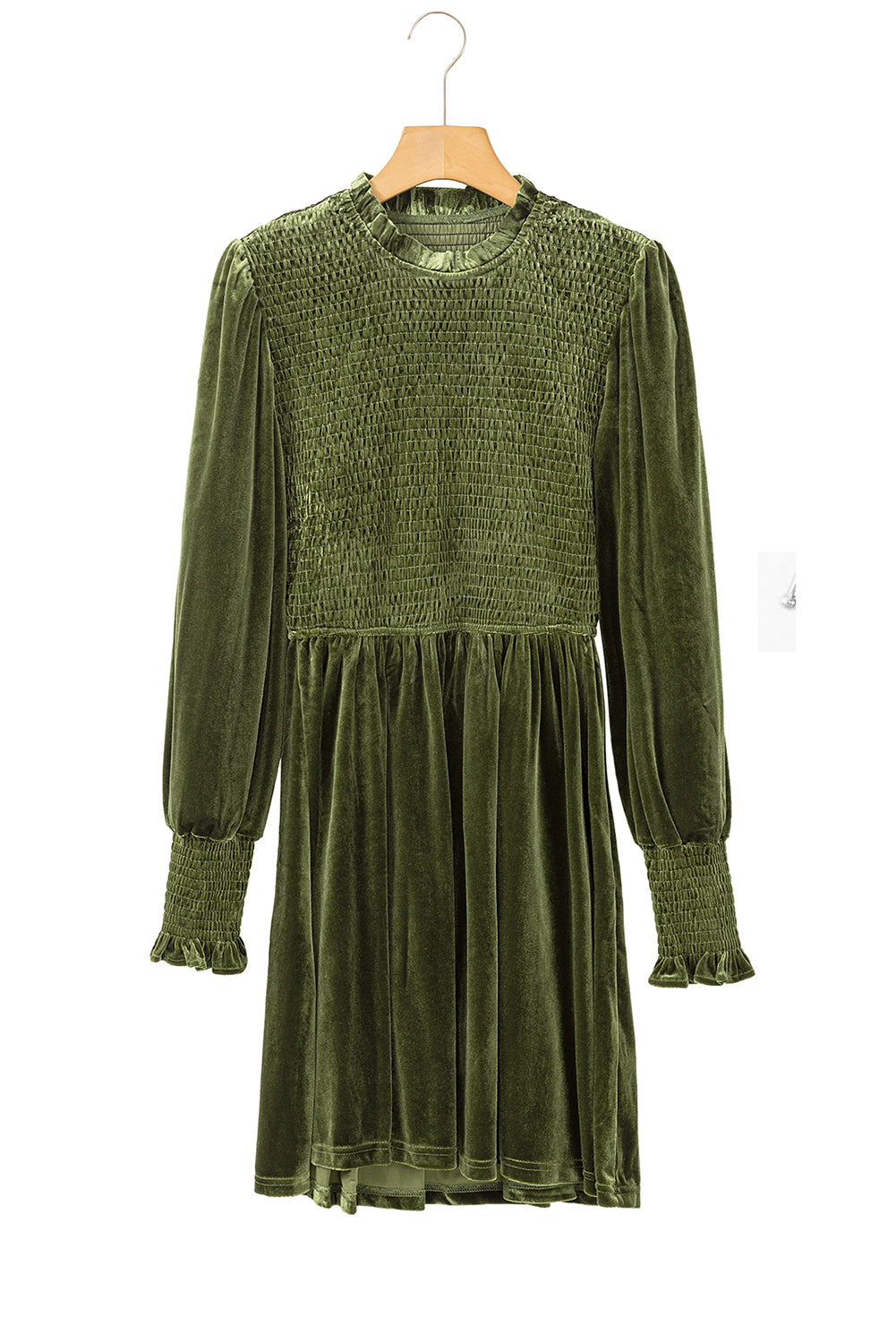 Smocked Lantern Sleeve Frilled Velvet Dress