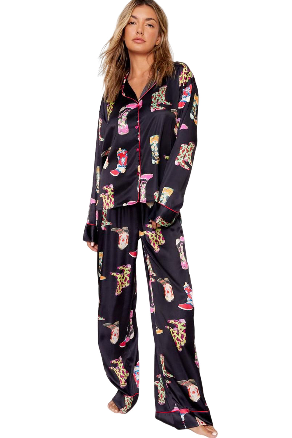 Black Boots Print Loose Shirt and Wide Leg Pyjama Set