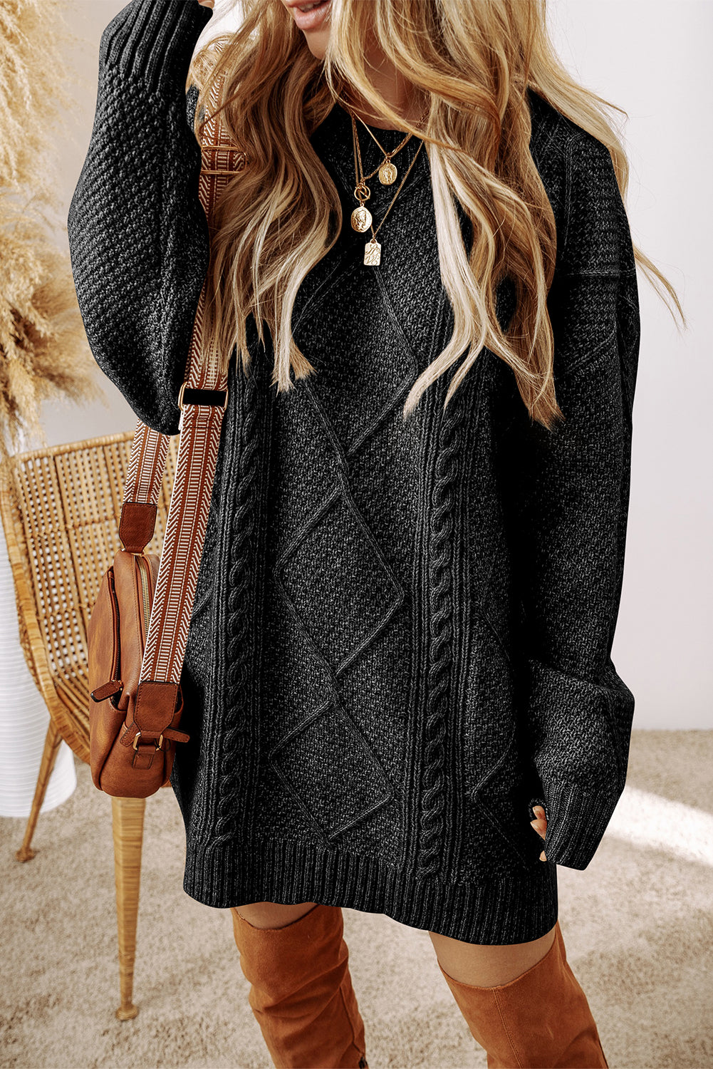 Twist Cable Knit Drop Shoulder Loose Fit Sweater Dress