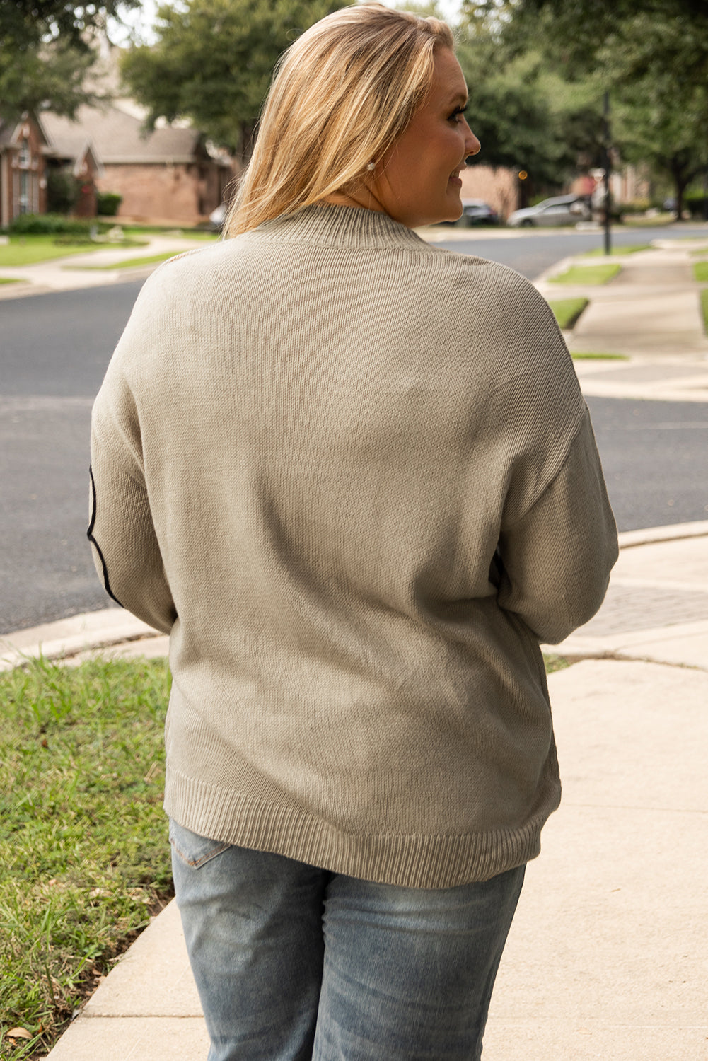 Dark Khaki Plus Size Flower Pattern High Neck Drop Shoulder Sweater