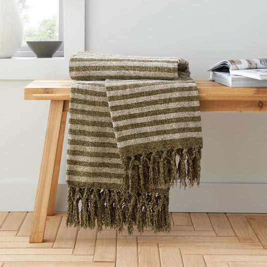 Stripe Chenille Blanket Throw in Olive by Catherine Lansfield