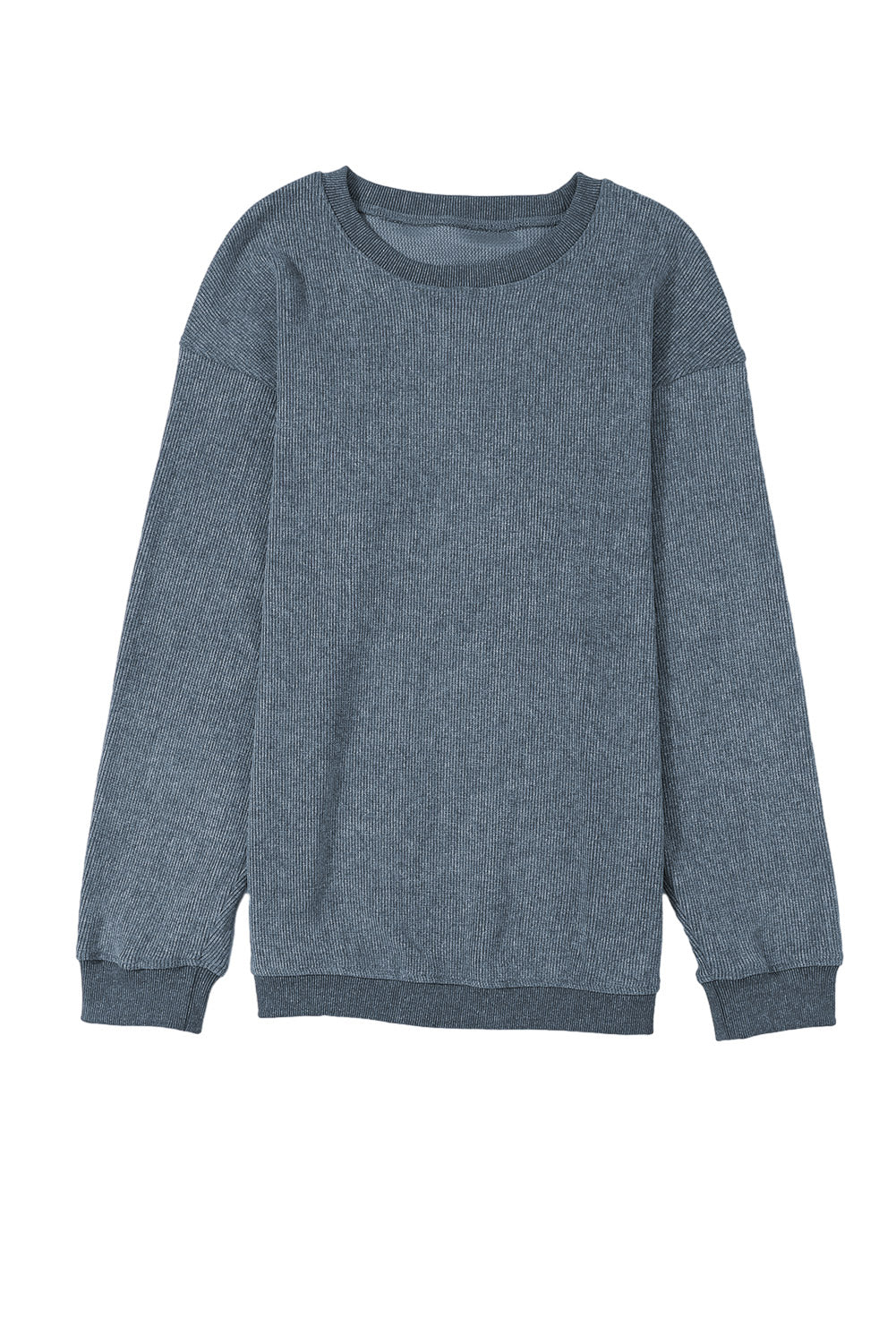 Solid Ribbed Round Neck Pullover Sweatshirt