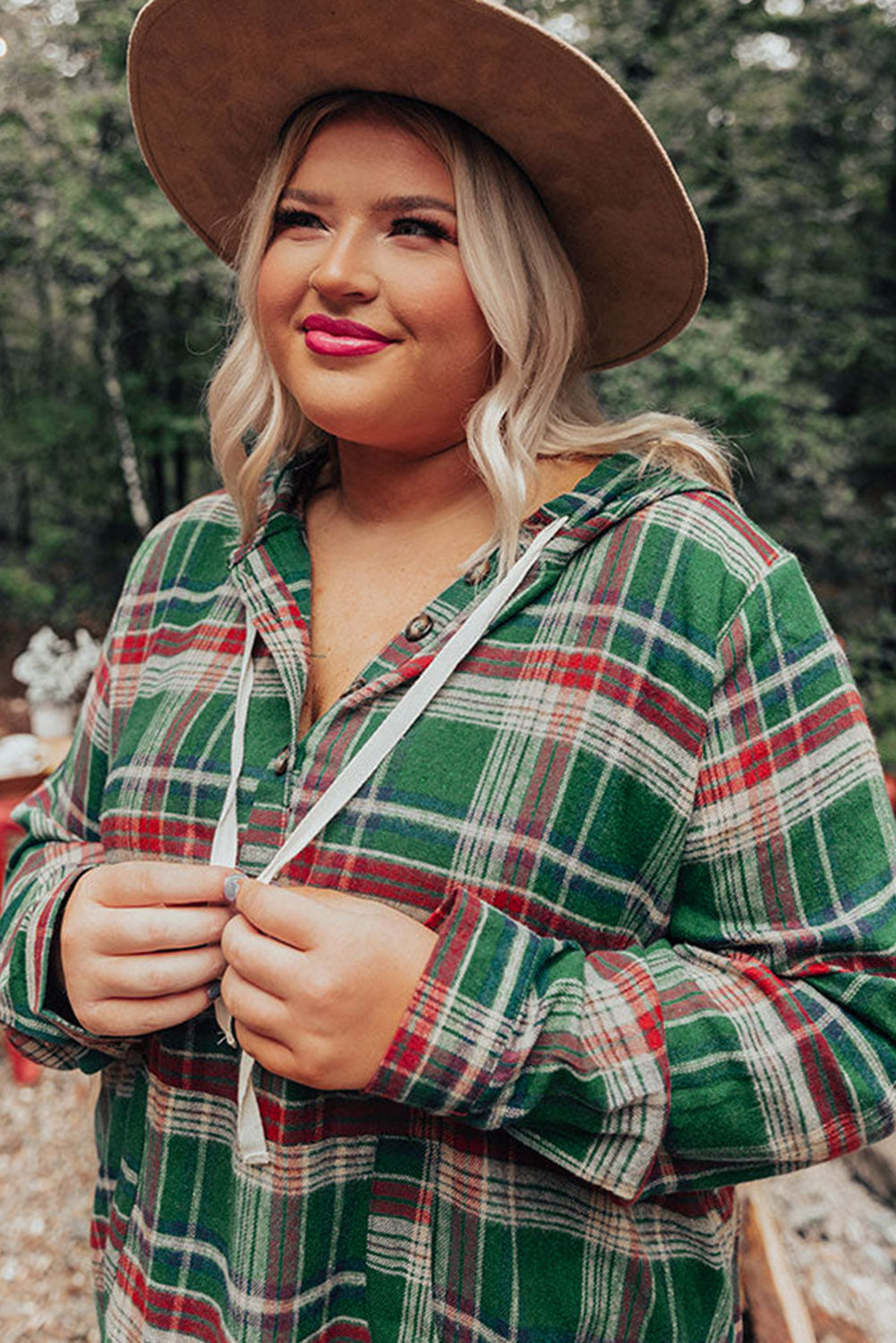 Plus Size Plaid Kangaroo Pocket Drawstring Hoodie