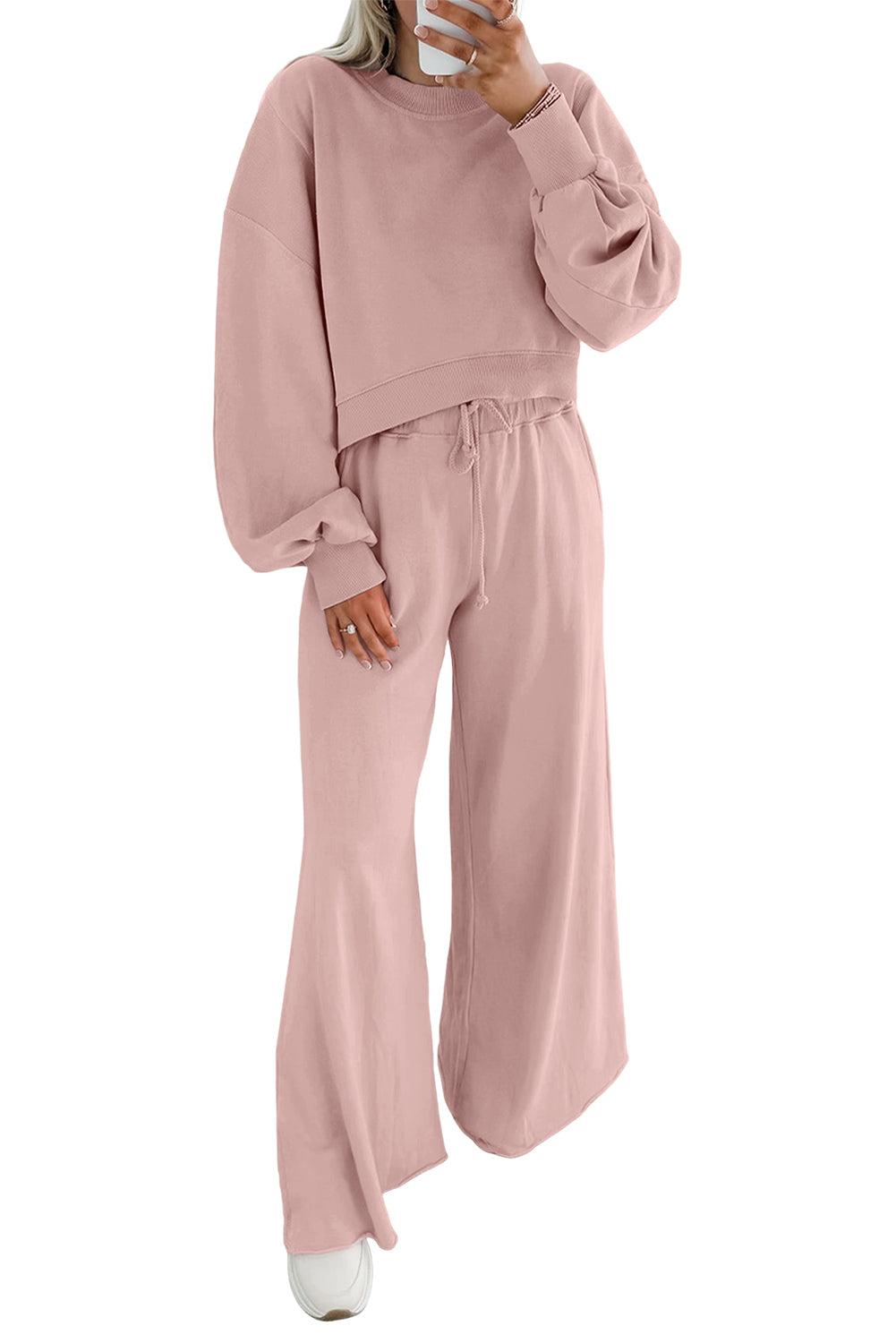 Drop Shoulder Crop Pullover Drawstring Wide Leg Trouser Set