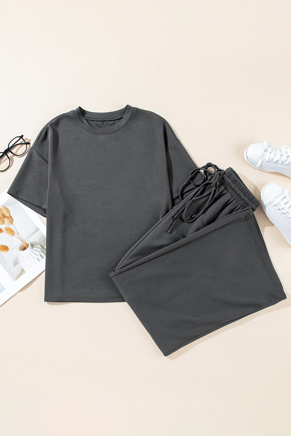 Dark Grey Crewneck Tee and Loose Pants Set