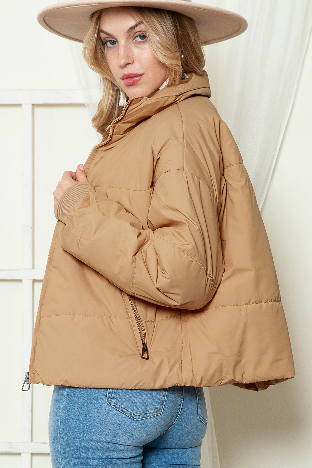 Solid Zip Up Pocketed Puffer Coat