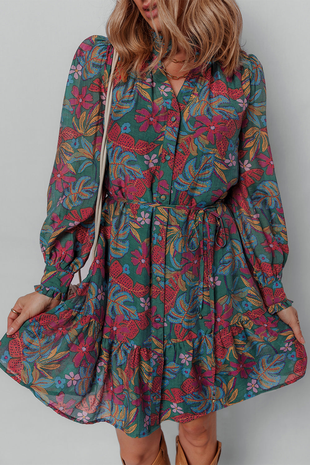 Green Floral Frill V Neck Puff Sleeve Ruffle Mini Dress